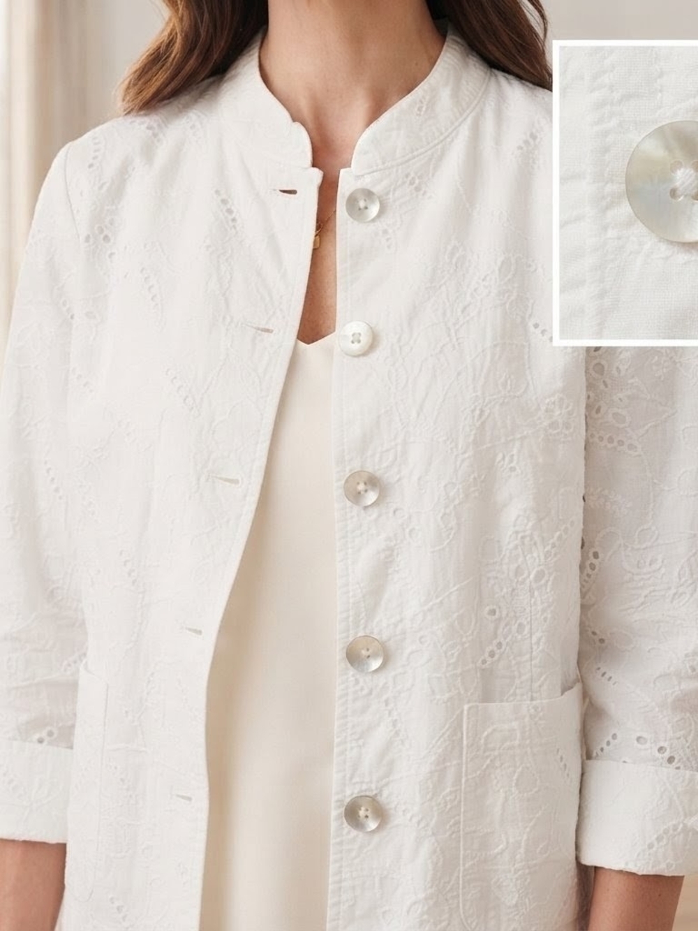 Charter Club White Eyelet Jacket with Mandarin Collar